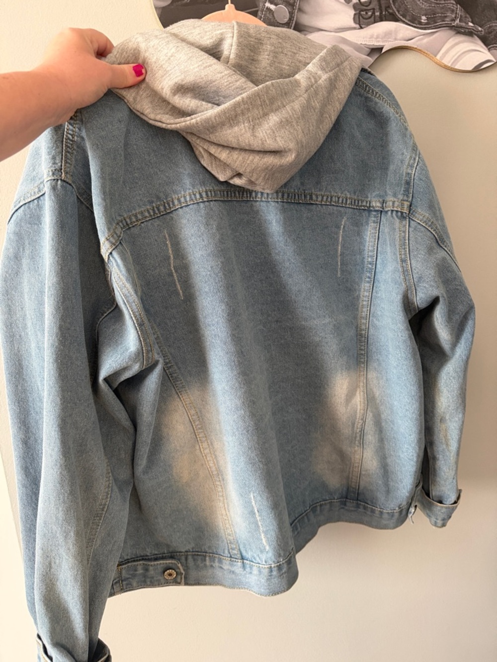 Light Wash Denim Jacket with Attached Gray Hood - Picture 5 of 7